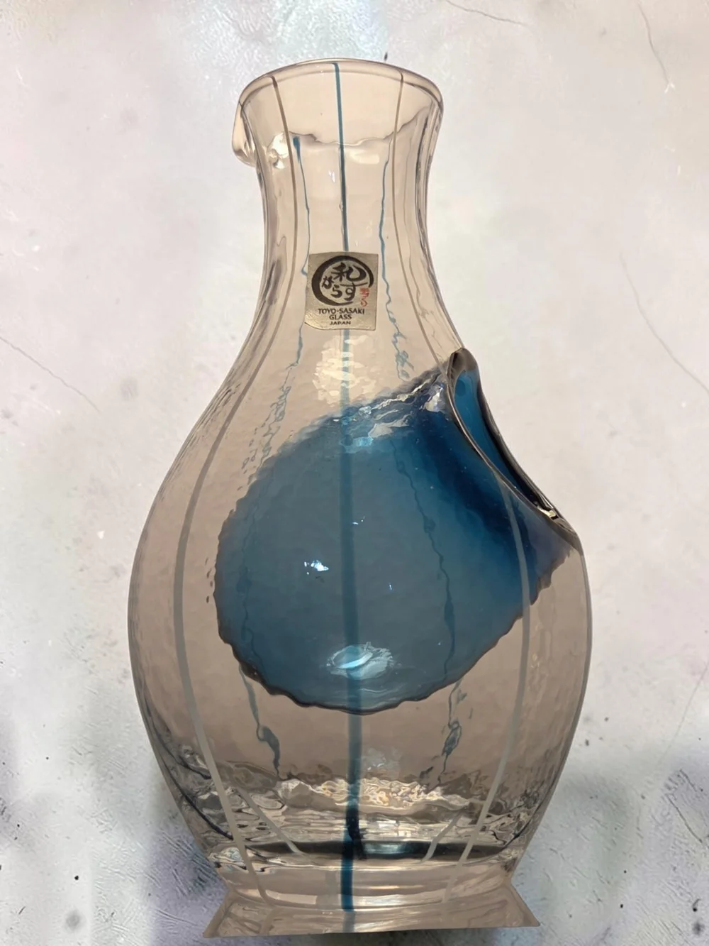Toyo-Sasaki Blue Accent Glass Carafe - Handblown Decorative Pitcher